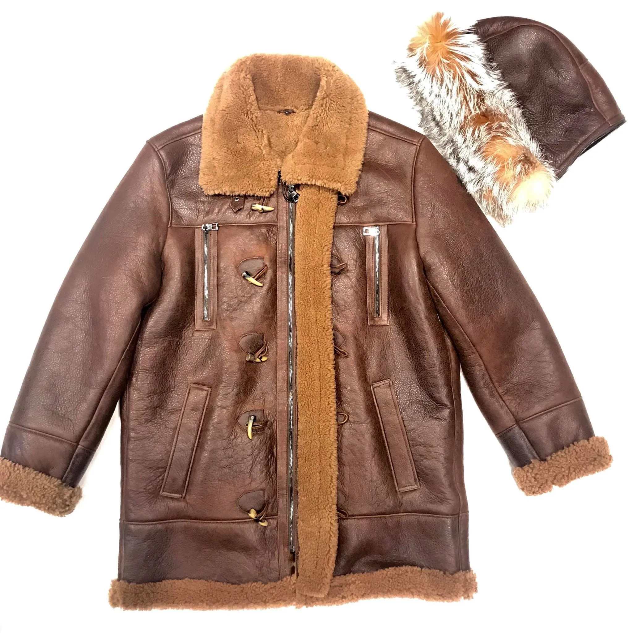 Kashani Chocolate Duffel Fox Hooded Shearling Jacket