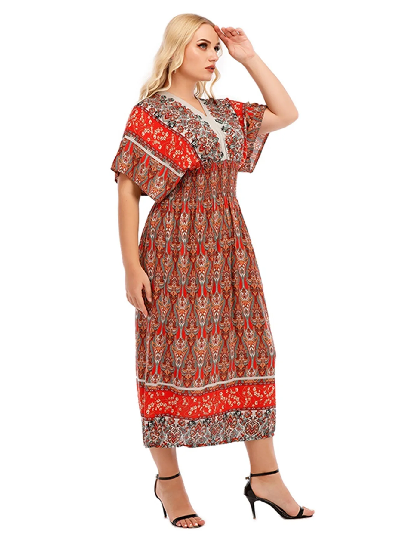 KittenAlarm - Onesize Boho Print Smocked Waist Dress