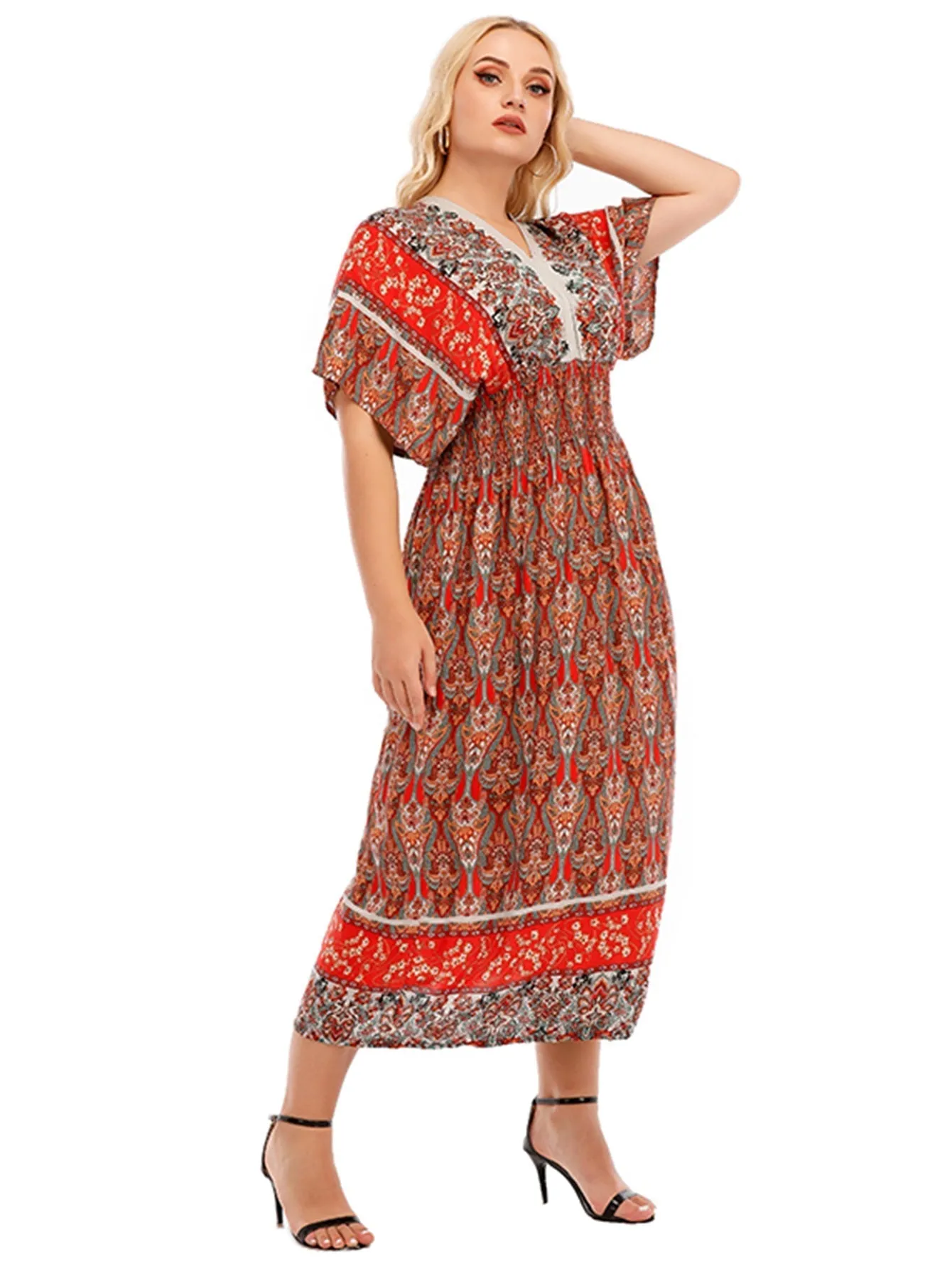 KittenAlarm - Onesize Boho Print Smocked Waist Dress