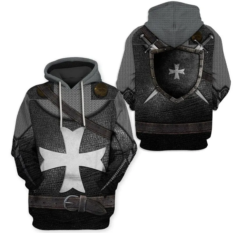 Knights Templar Hoodie Medieval Armor Crusader Cross 3D Hooded Jacket Pullover Sweatshirt