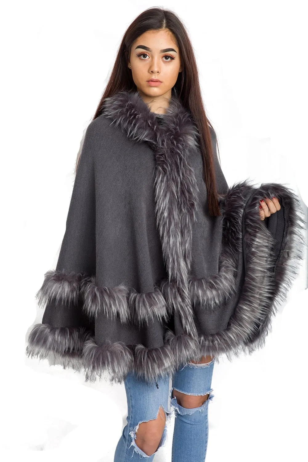 Knitted Double Layer Hooded Faux Fur Swing Cape Poncho