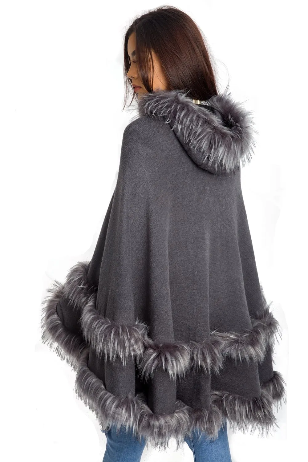 Knitted Double Layer Hooded Faux Fur Swing Cape Poncho