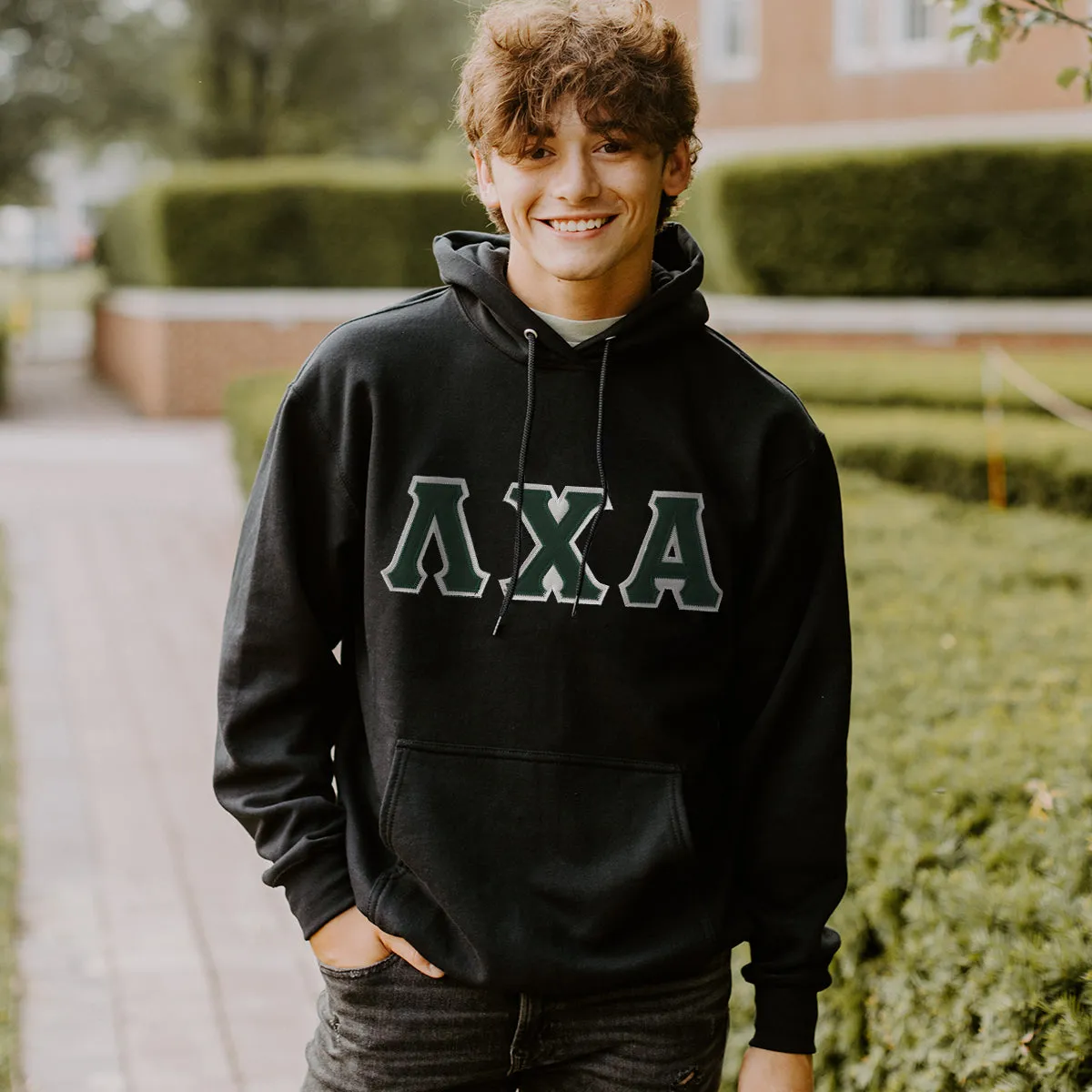 Lambda Chi Black Hoodie with Sewn On Greek Letters