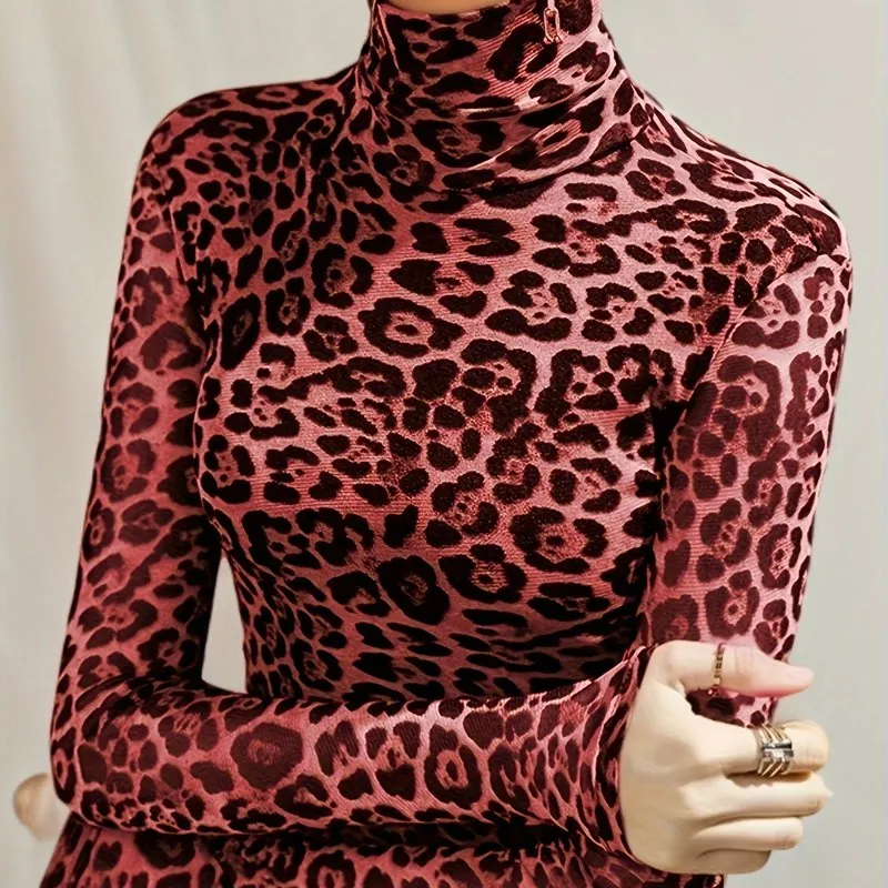 Leopard Print Turtleneck Stylish Top for Spring  Fall