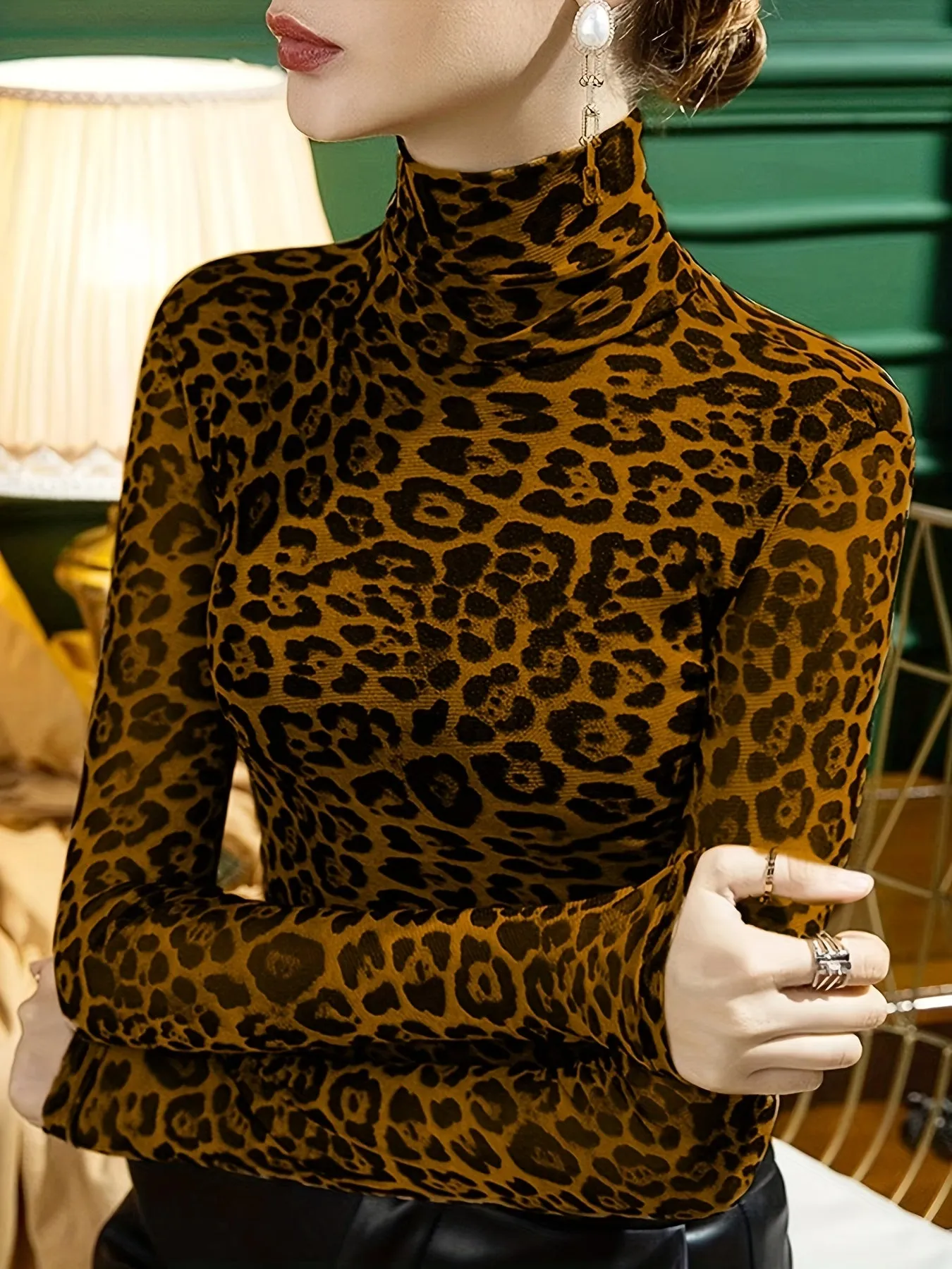 Leopard Print Turtleneck Stylish Top for Spring  Fall