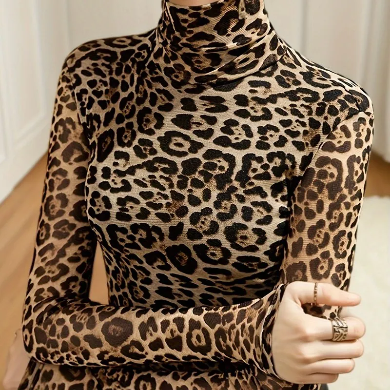 Leopard Print Turtleneck Stylish Top for Spring  Fall