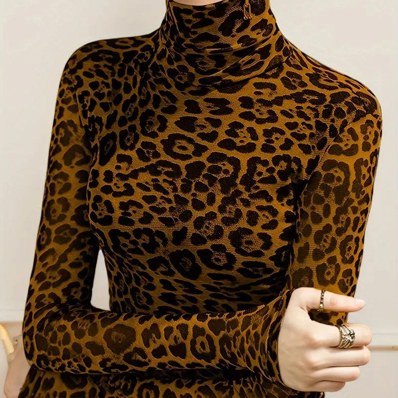 Leopard Print Turtleneck Stylish Top for Spring  Fall