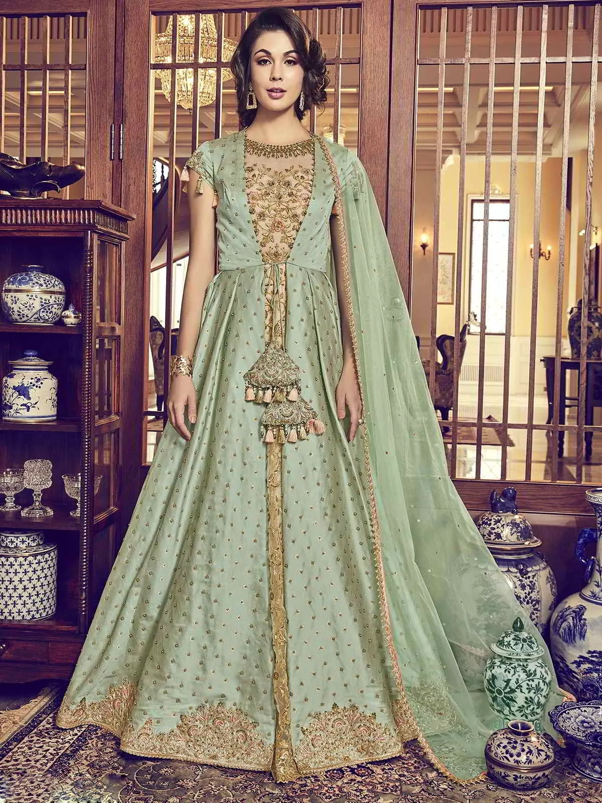 Light Green Overcoat Style Embroidered Anarkali Suit