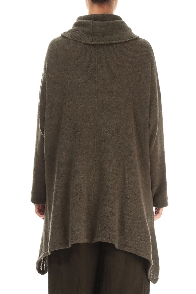 Longer Back Turtleneck Khaki Wool Sweater