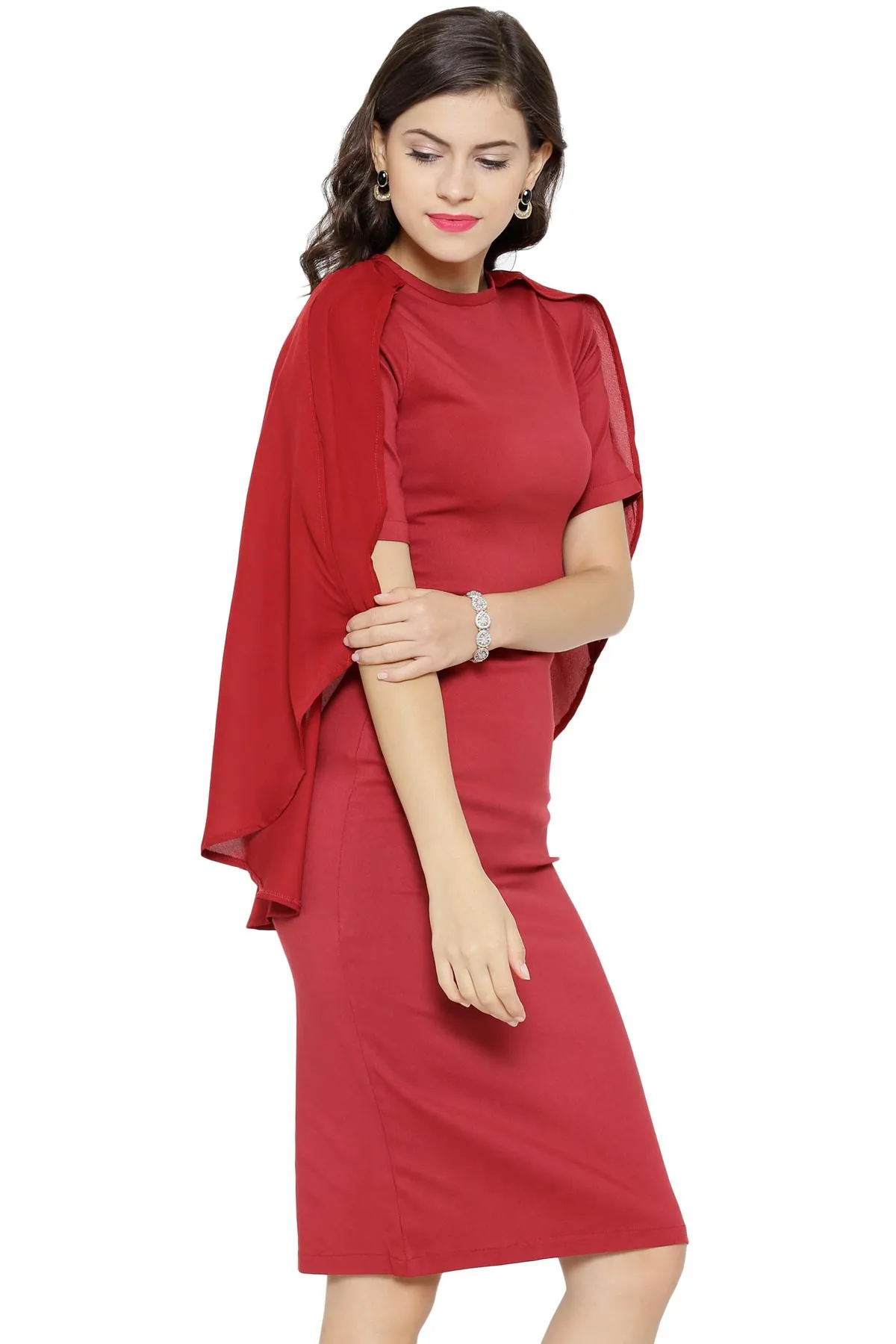 Maroon Bodycon Cape Dress