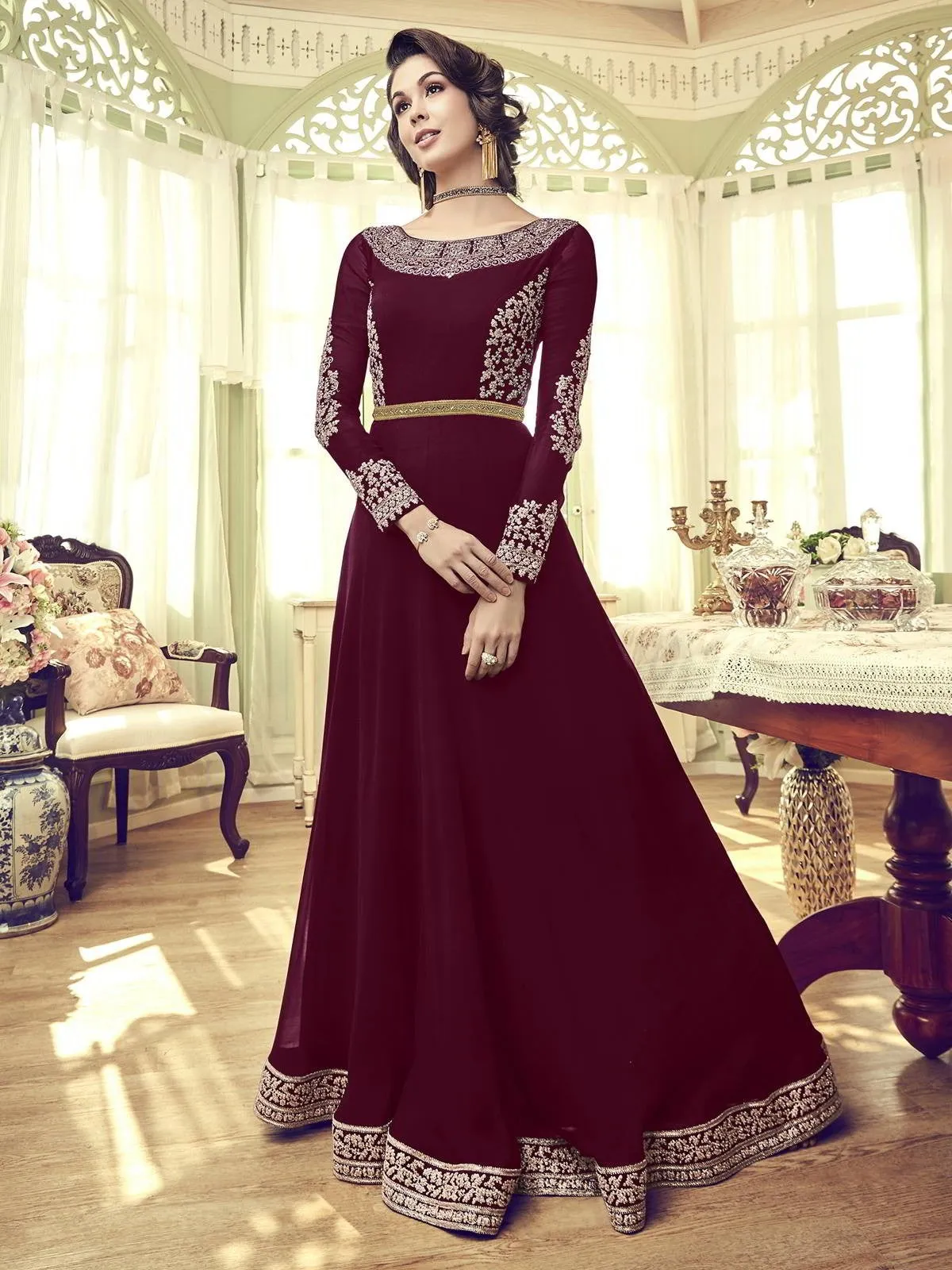 Maroon Overcoat Style Embroidered Anarkali Gown