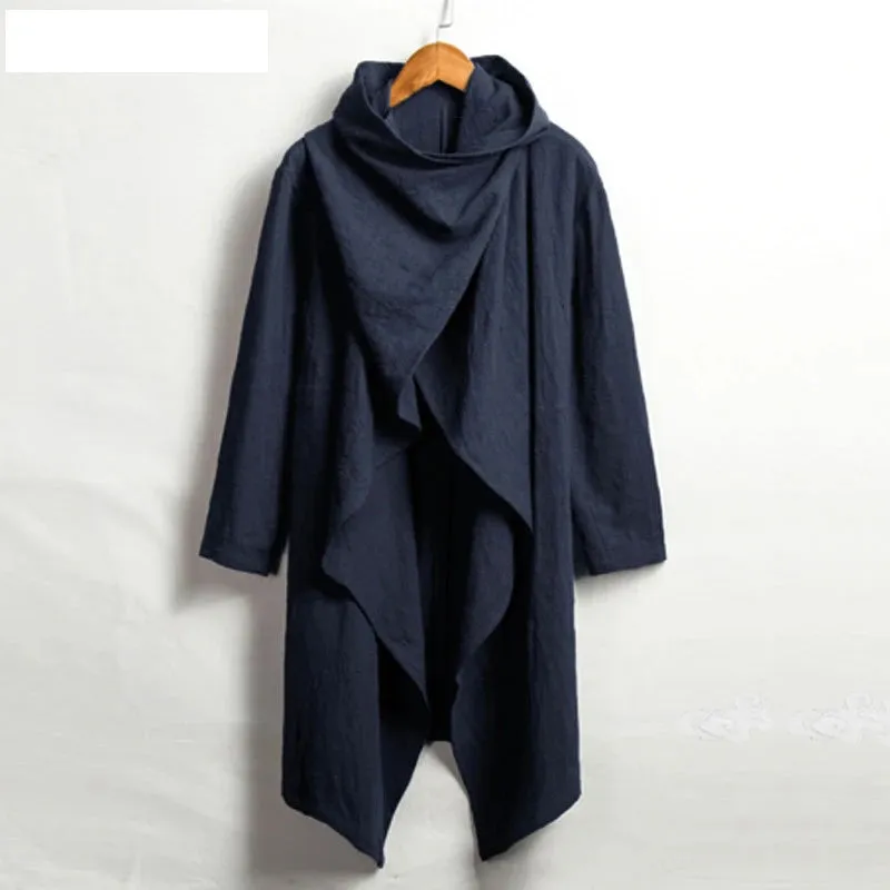 Men Retro Jackets Trench Windbreaker  Solid Scarf Collar Casual Irregular  Long Sleeve Cloak Cotton Stylish Mens Windbreaker