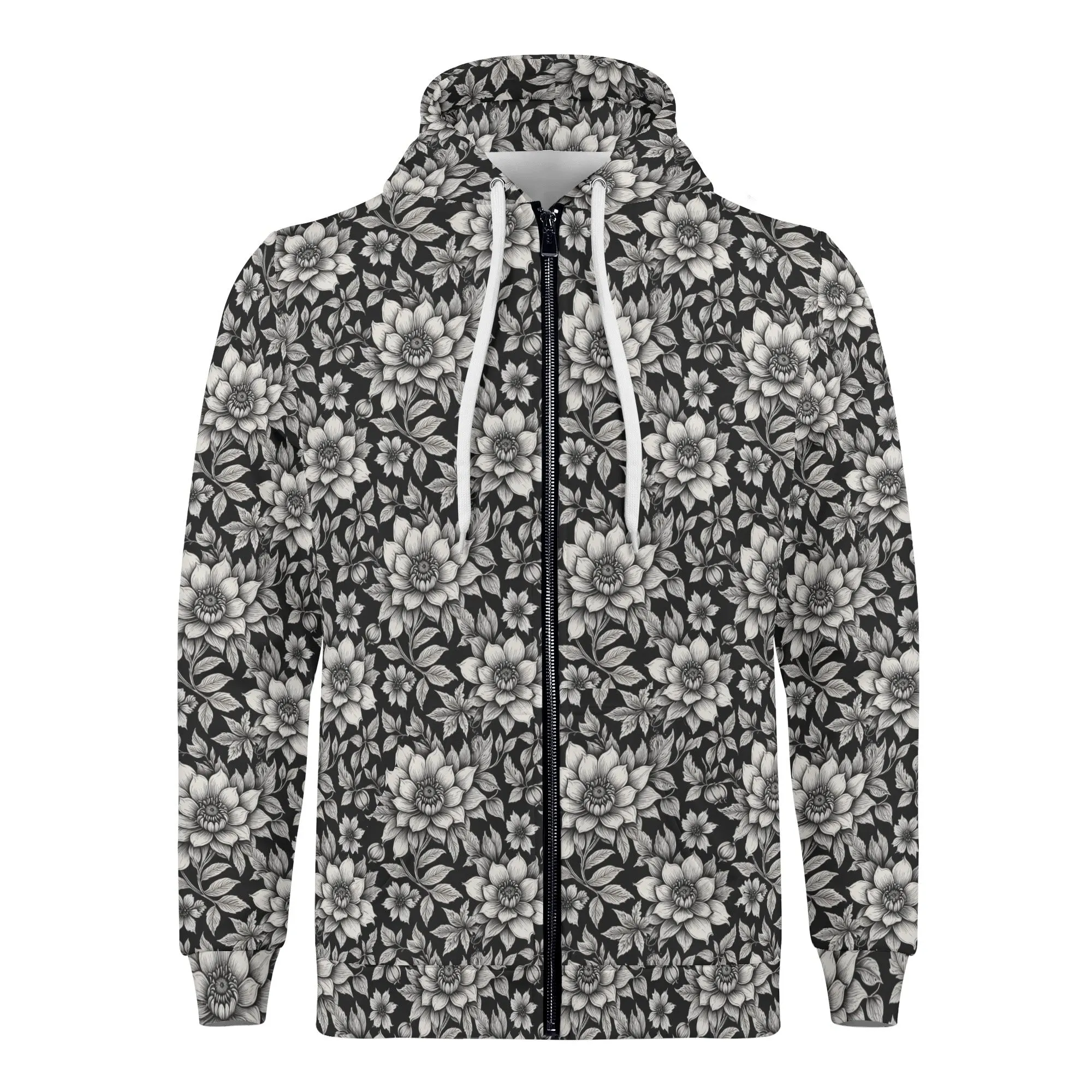 Mens Black and White Bloom Classic Zip Up Hoodie Warm Jacket