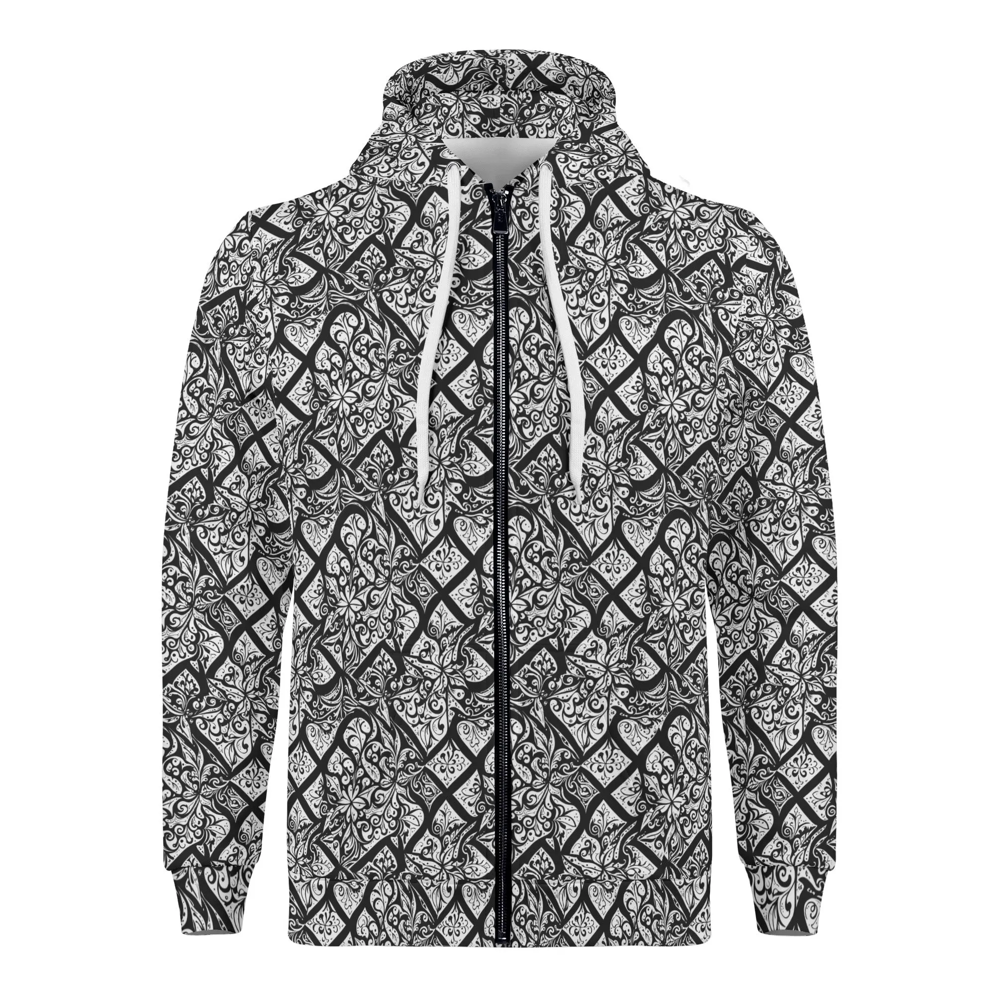 Mens Crosshatch Floral Classic Zip Up Hoodie Warm Jacket