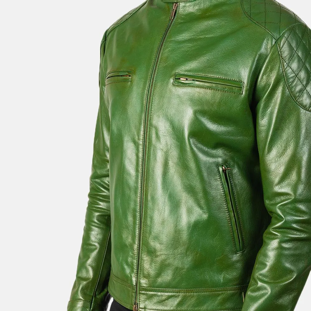 Mens Green Leather Biker Jacket