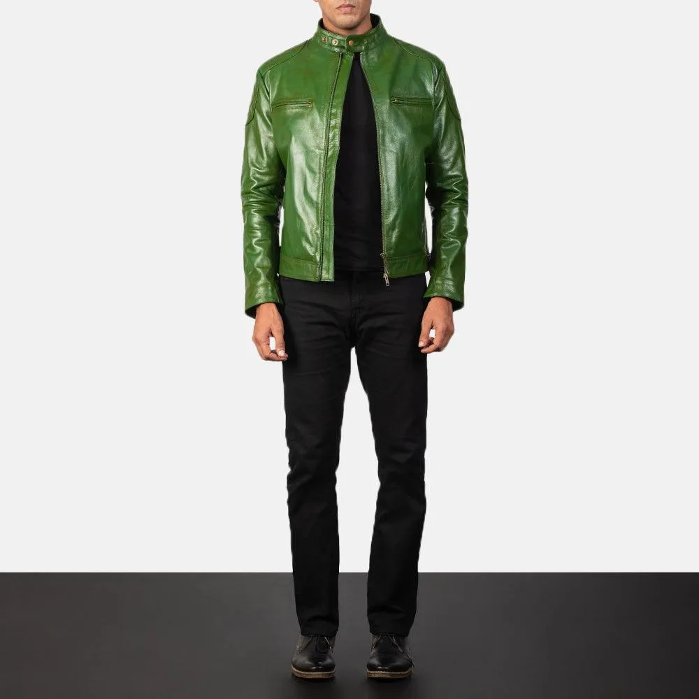 Mens Green Leather Biker Jacket