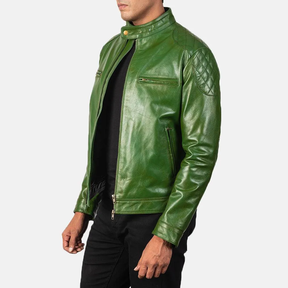 Mens Green Leather Biker Jacket