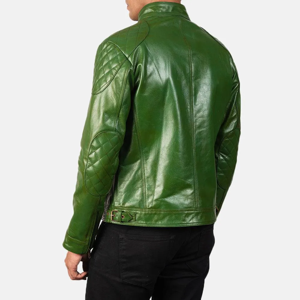 Mens Green Leather Biker Jacket