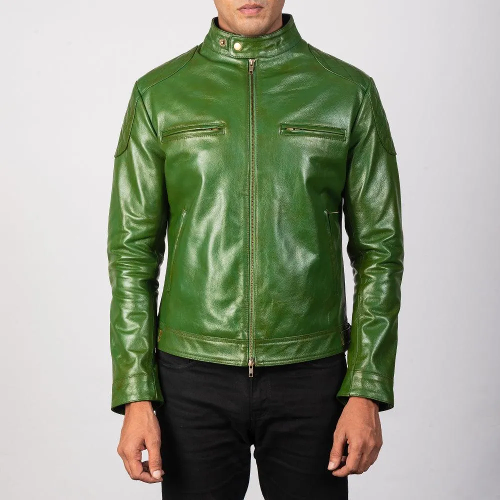 Mens Green Leather Biker Jacket