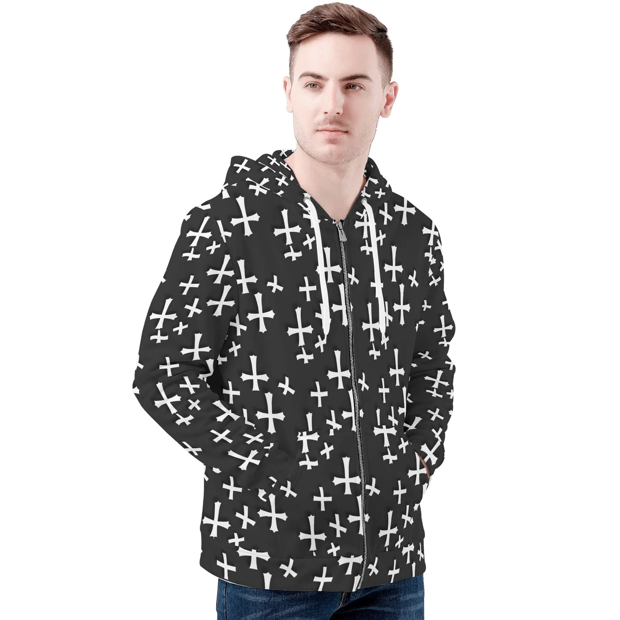 Mens Little Crosses Classic Zip Up Hoodie Warm Jacket