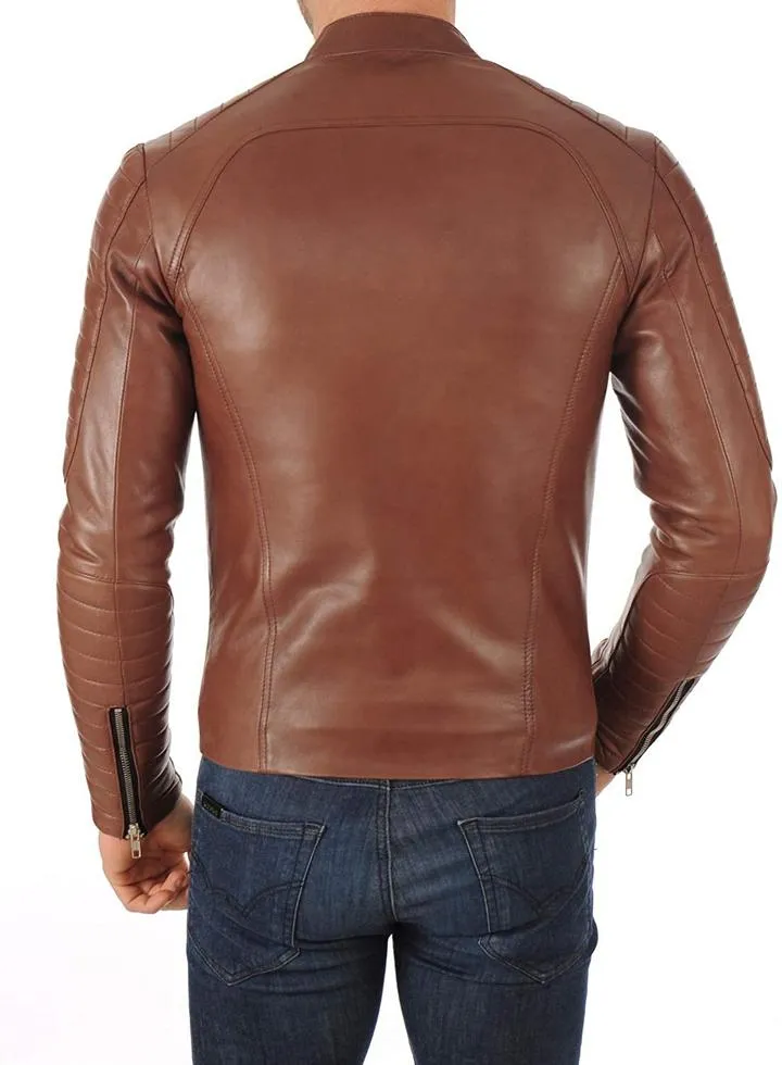 Mens Motorcycle Jacket Quilted sleeves Tan color Designer Jacket