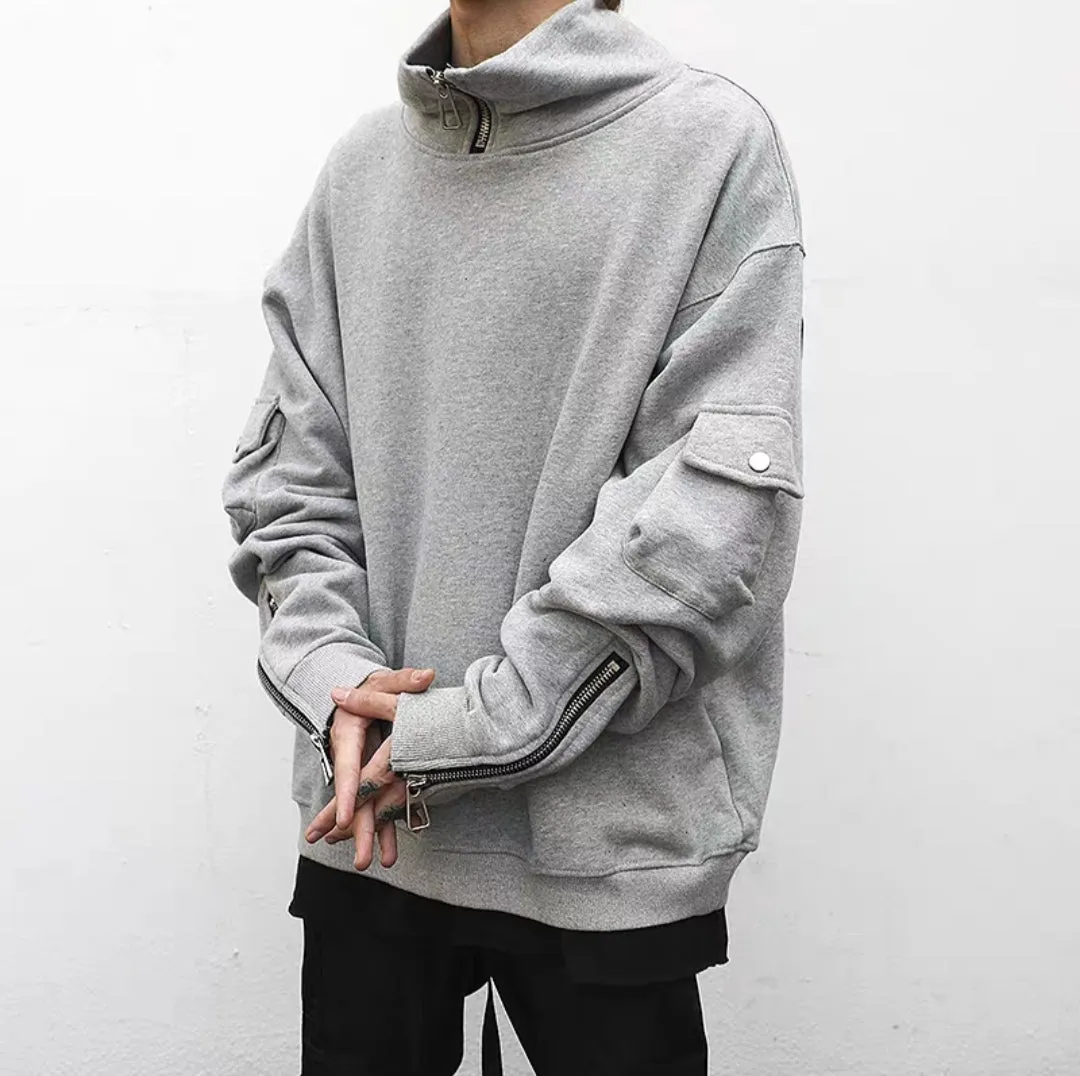 Men's Oversized High Neck Zip Sleeves Pullover Hoodie Sweatshirt