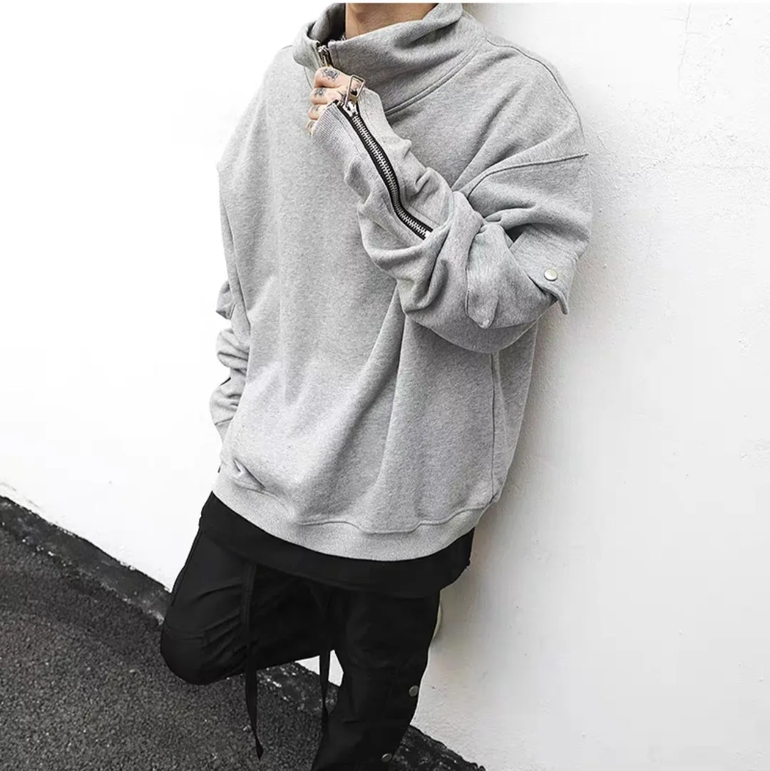 Men's Oversized High Neck Zip Sleeves Pullover Hoodie Sweatshirt