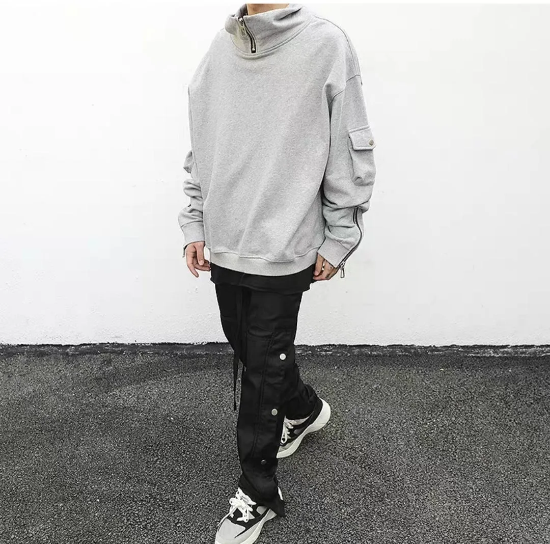 Men's Oversized High Neck Zip Sleeves Pullover Hoodie Sweatshirt