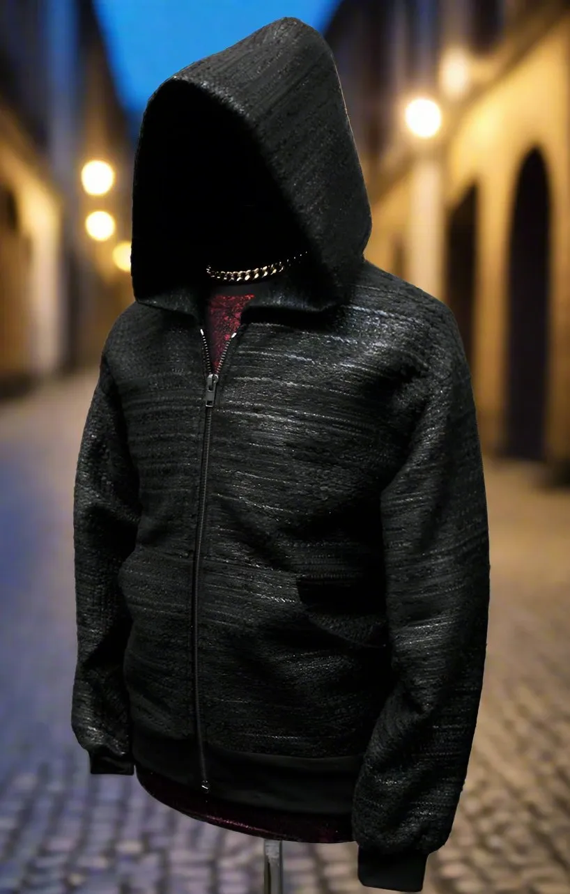 MEN'S ZIP HOODIE - BLACK WOVEN FABRIC - only sizes Small and Medium left