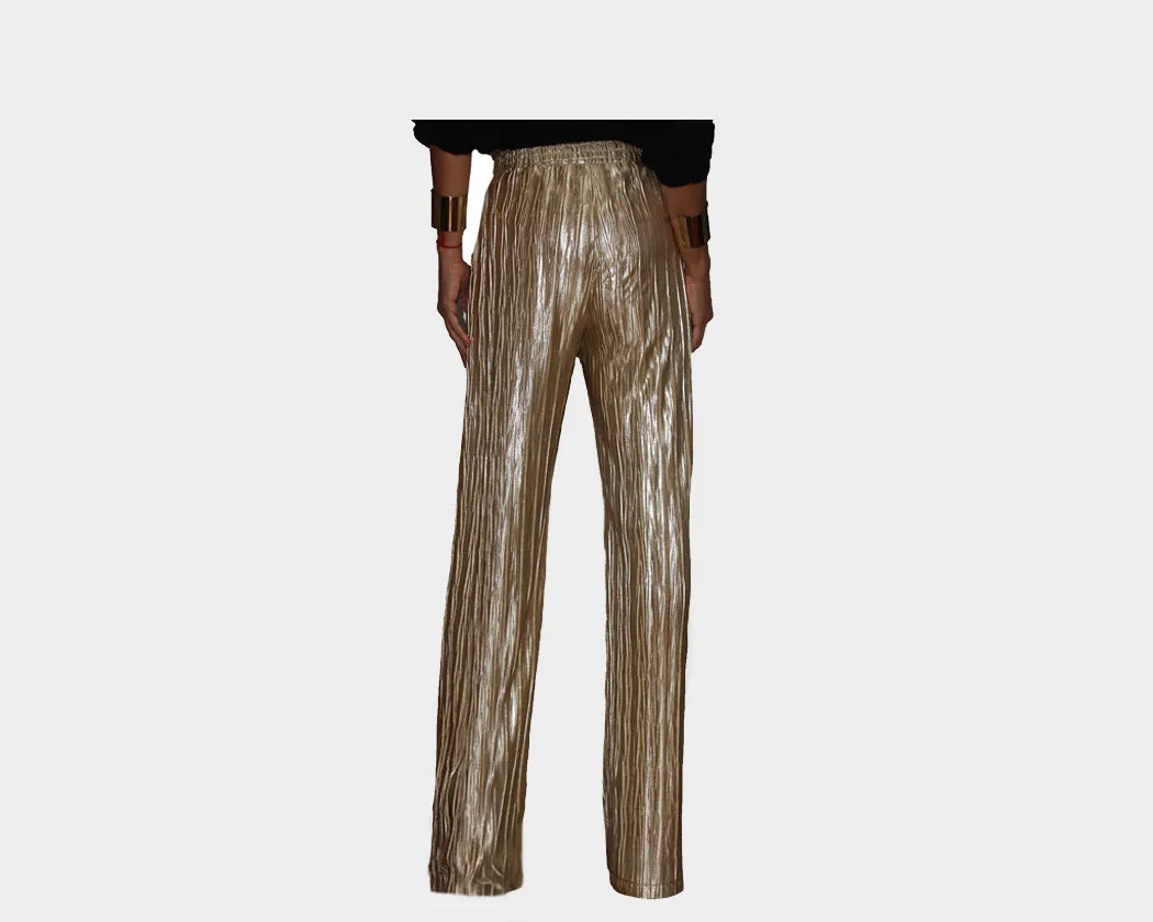 Metallic Pleated Gold Pants - The Park Avenue