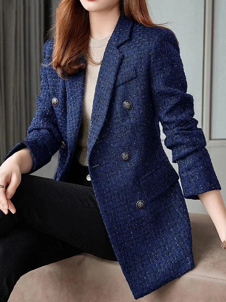 Metaversmall Women's Casual Long Slee Double-Breasted Tweed Blazers French Elegance Thick Long Overcoat with Button for Winter Women Blazers