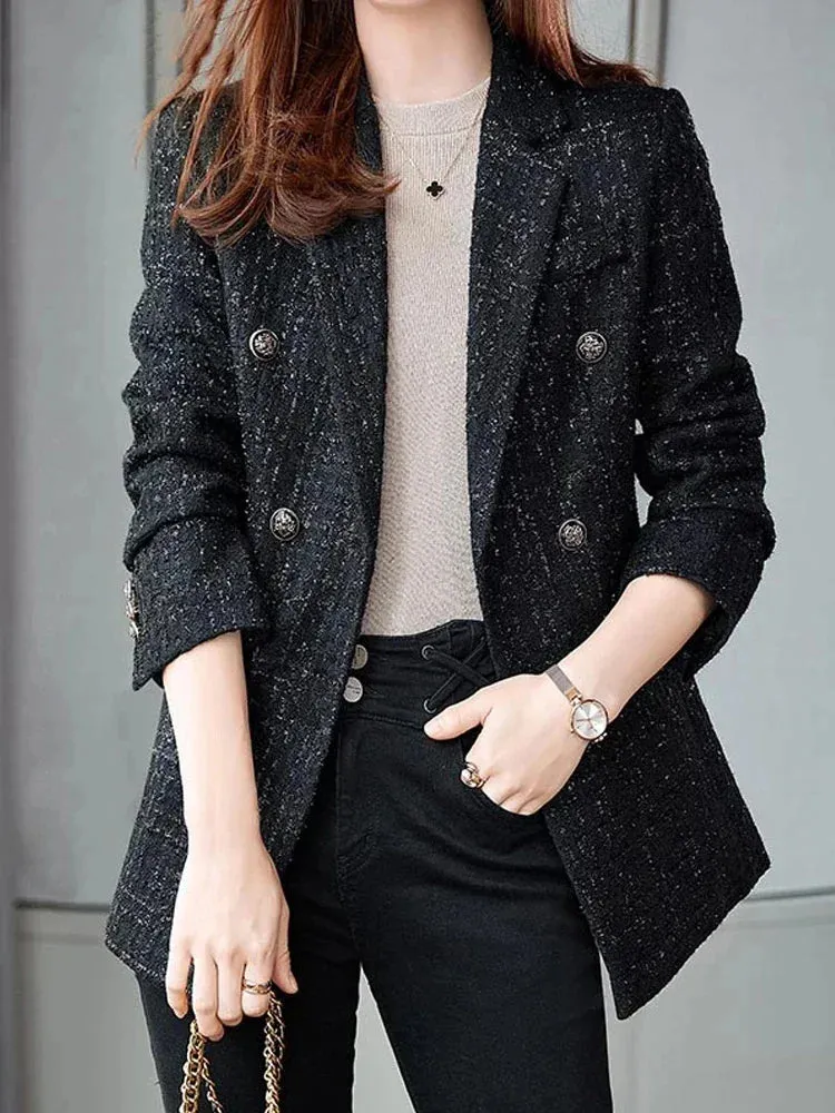 Metaversmall Women's Casual Long Slee Double-Breasted Tweed Blazers French Elegance Thick Long Overcoat with Button for Winter Women Blazers