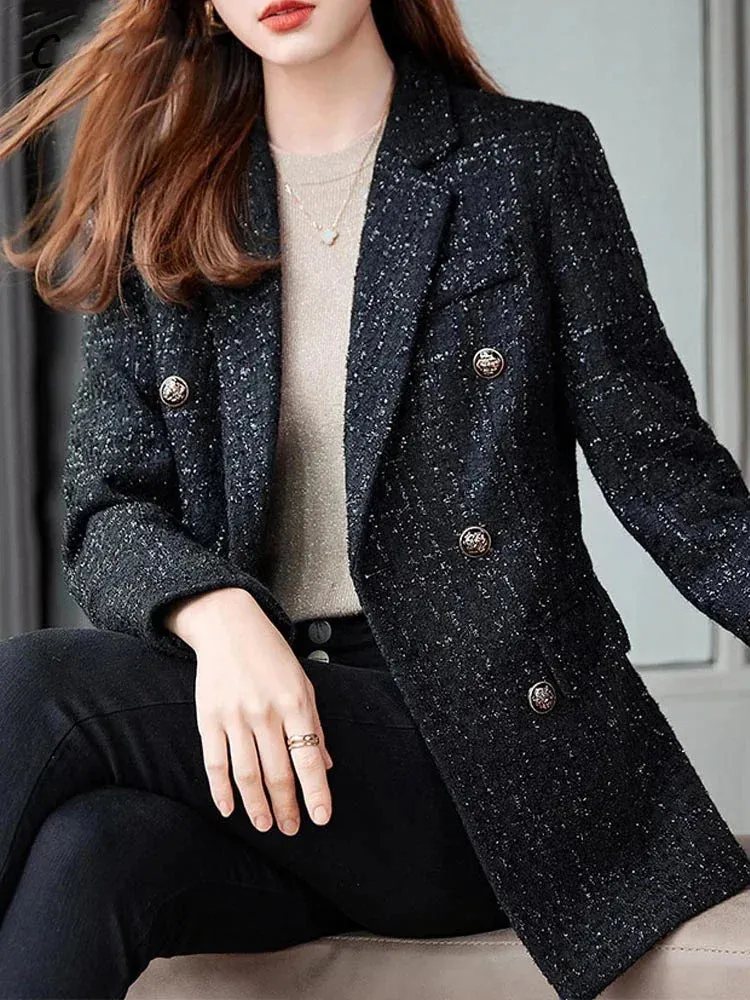 Metaversmall Women's Casual Long Slee Double-Breasted Tweed Blazers French Elegance Thick Long Overcoat with Button for Winter Women Blazers