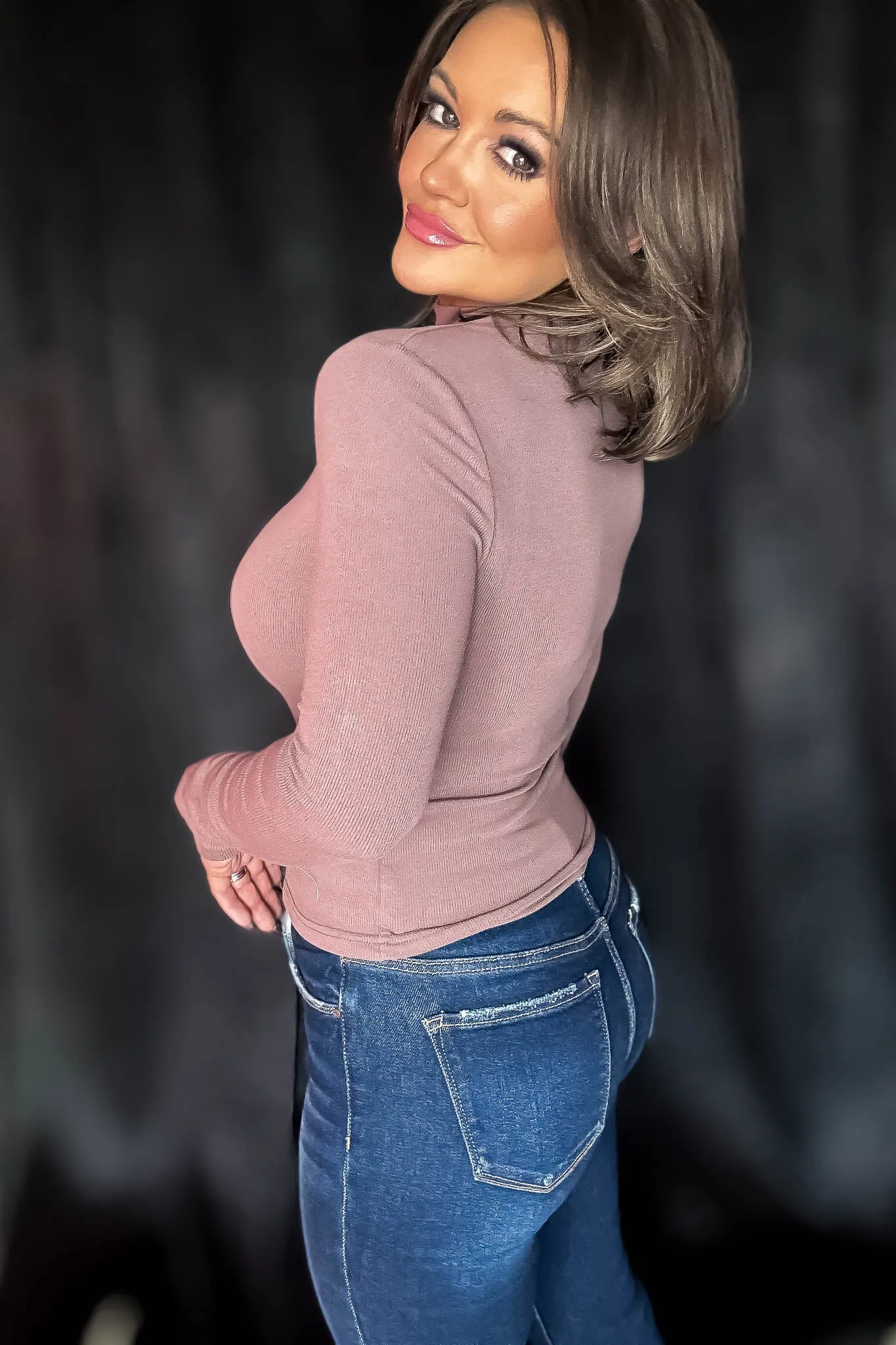 Micro Deep Mauve Ribbed Long Sleeve Turtleneck