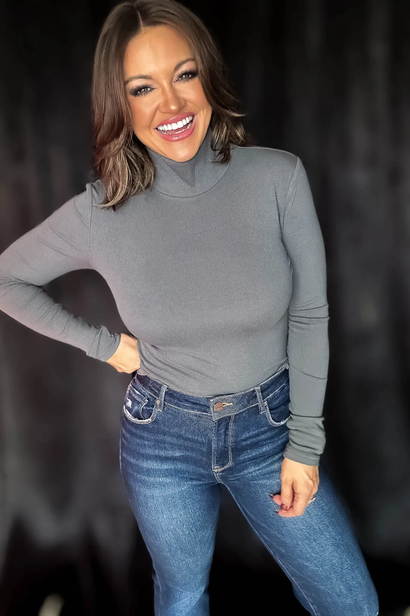 Micro Urban Chic Charcoal Ribbed Long Sleeve Turtleneck