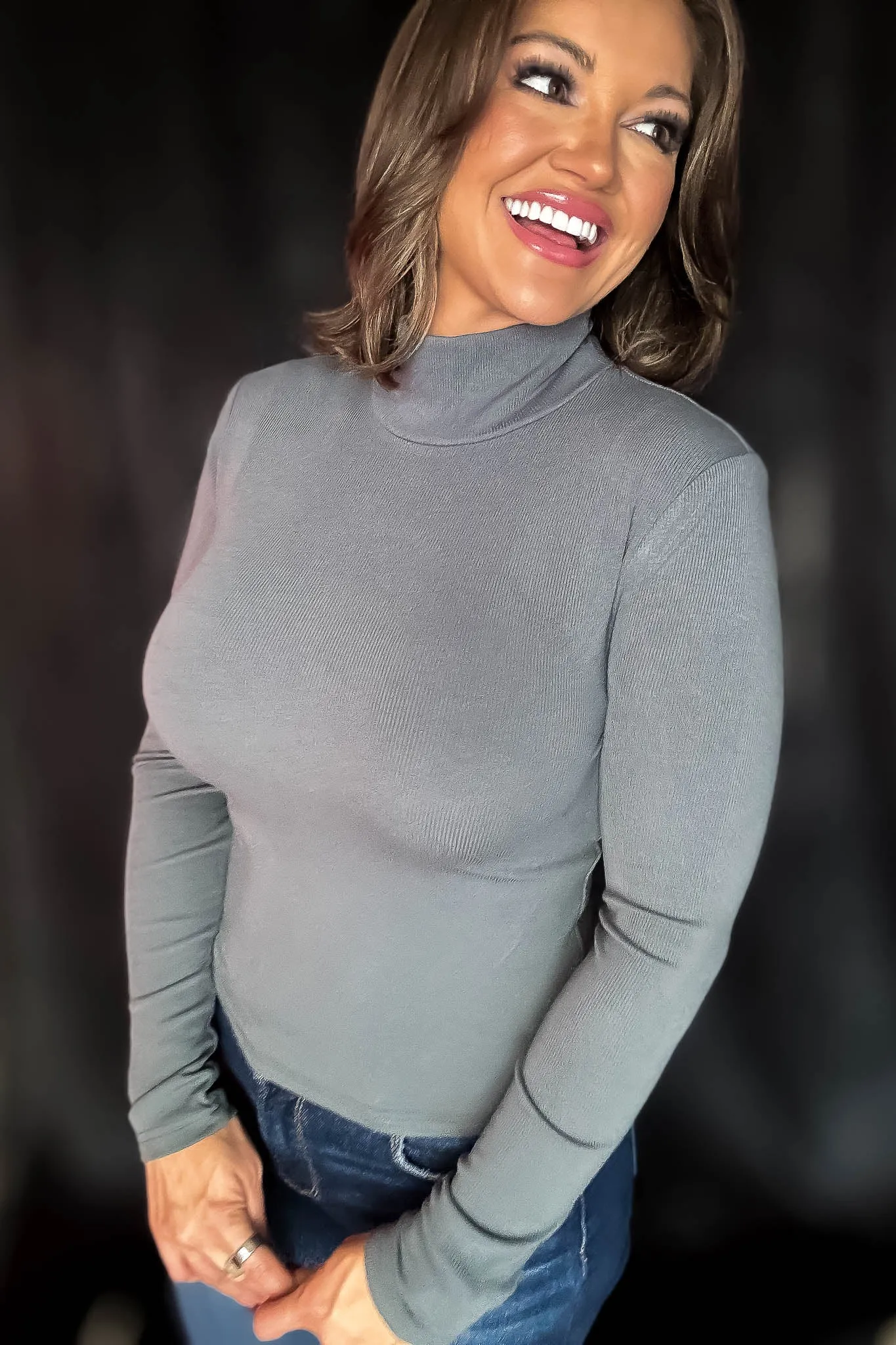 Micro Urban Chic Charcoal Ribbed Long Sleeve Turtleneck