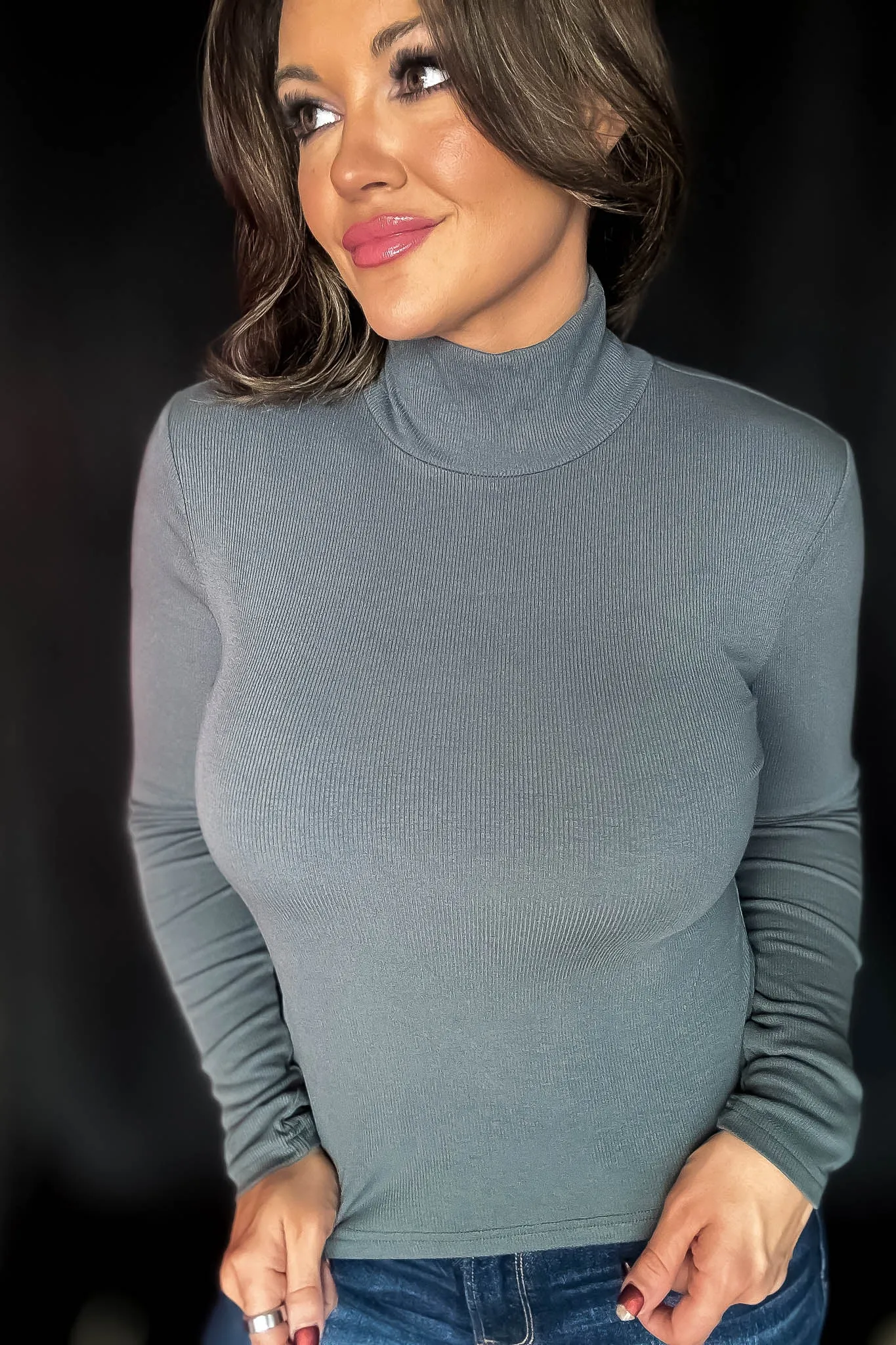 Micro Urban Chic Charcoal Ribbed Long Sleeve Turtleneck