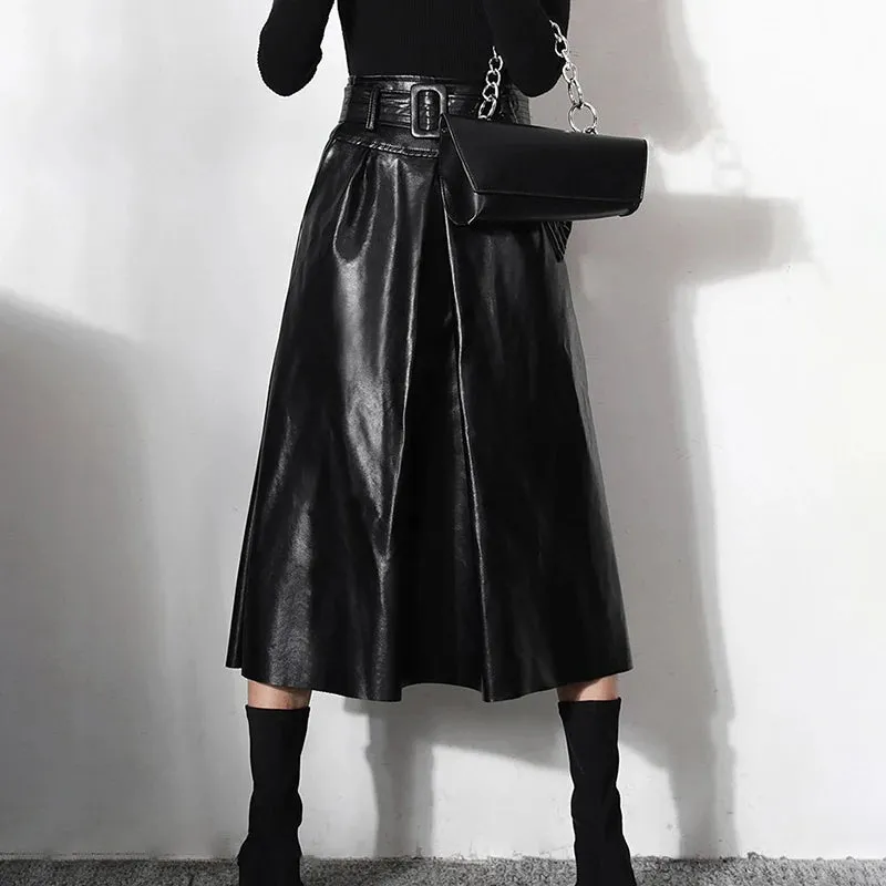 Minimalist Solid High Waist Skirt For Women Patchwork Sashes Folds Leather Fashion Skirts Female Autumn Style