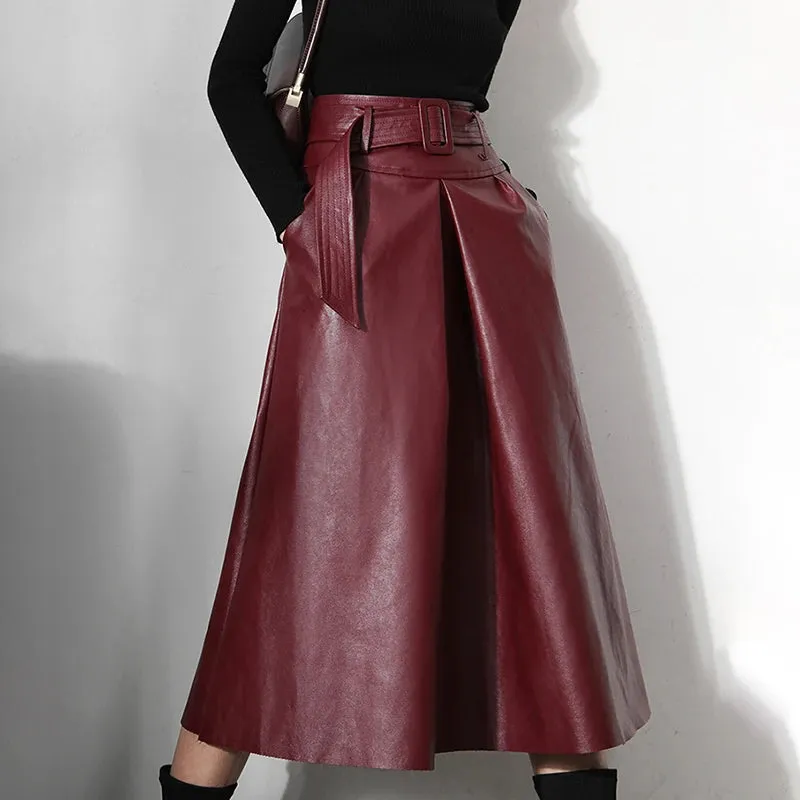 Minimalist Solid High Waist Skirt For Women Patchwork Sashes Folds Leather Fashion Skirts Female Autumn Style