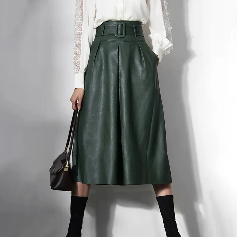 Minimalist Solid High Waist Skirt For Women Patchwork Sashes Folds Leather Fashion Skirts Female Autumn Style