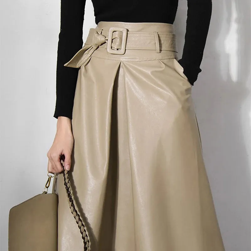 Minimalist Solid High Waist Skirt For Women Patchwork Sashes Folds Leather Fashion Skirts Female Autumn Style