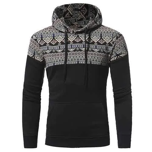 National Folk Style Front Big Pocket Hoodies Men's Stitching Leisure Slim Fit Hoodie Coat