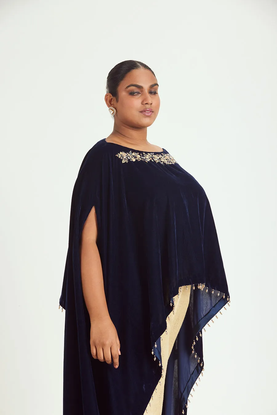 NAVY VELVET PONCHO BROCADE TROUSER SET