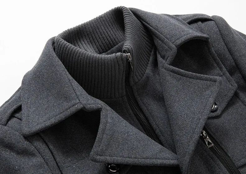 New Winter Wool Coat Men Fashion Double Collar Thick Jacket Single Breasted Trench Coat Men Casual Wool Blends Overcoats Men