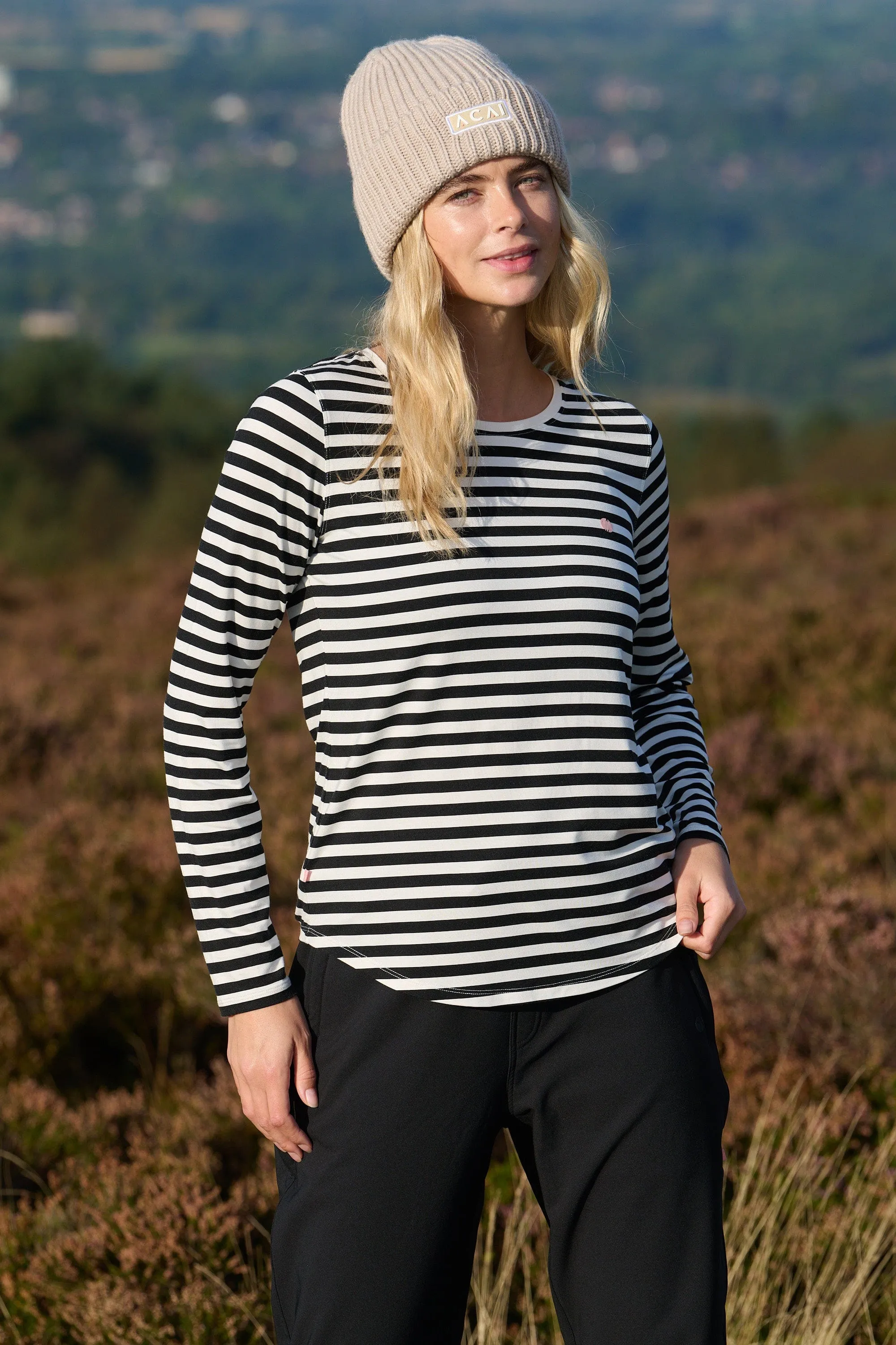 On The Go Bamboo Long Sleeve Tee - Black and White Stripe