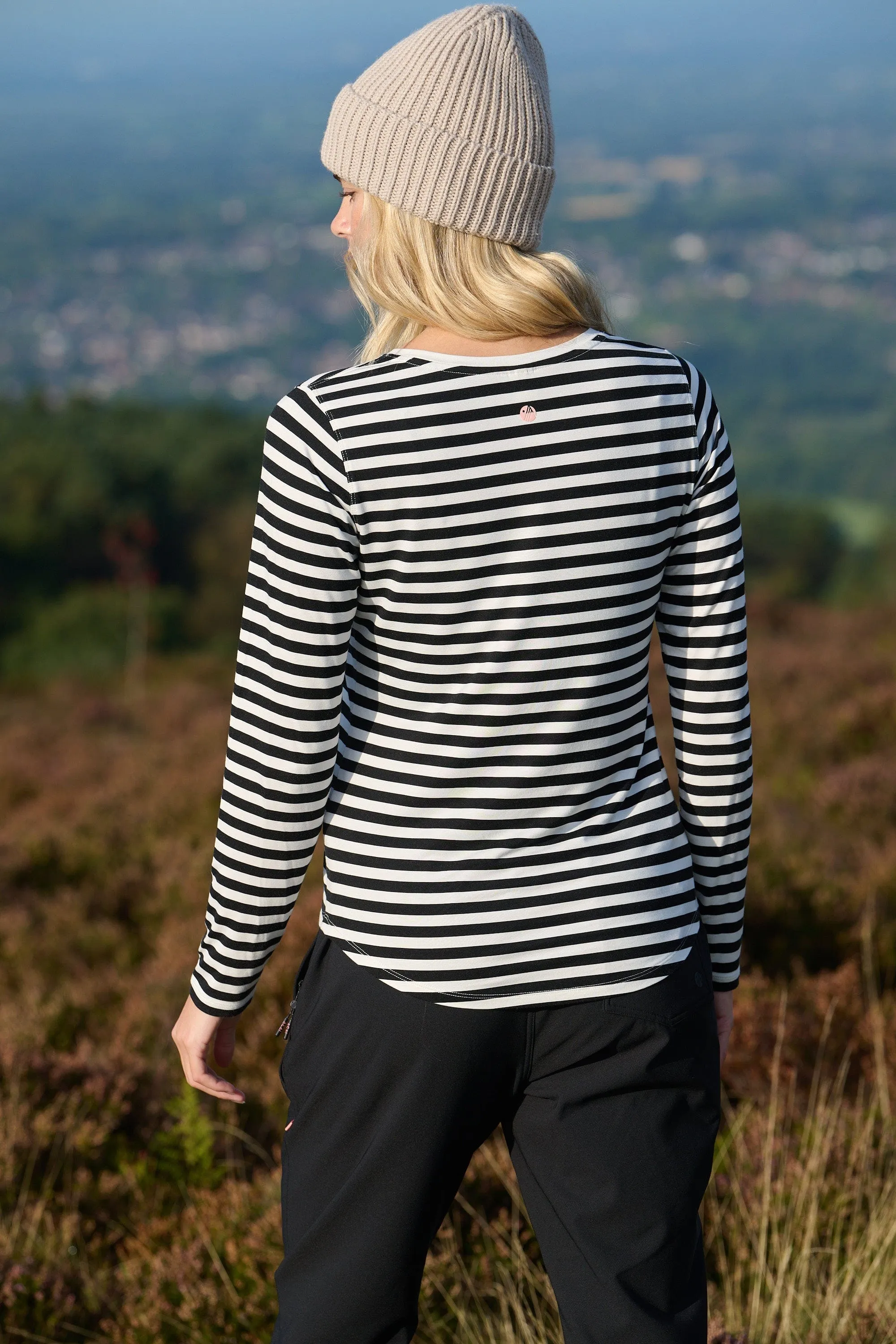 On The Go Bamboo Long Sleeve Tee - Black and White Stripe