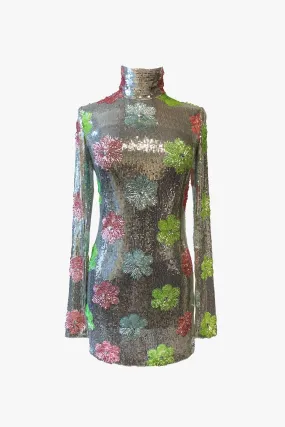 Pastel Posies Sequin Mini Turtleneck Dress