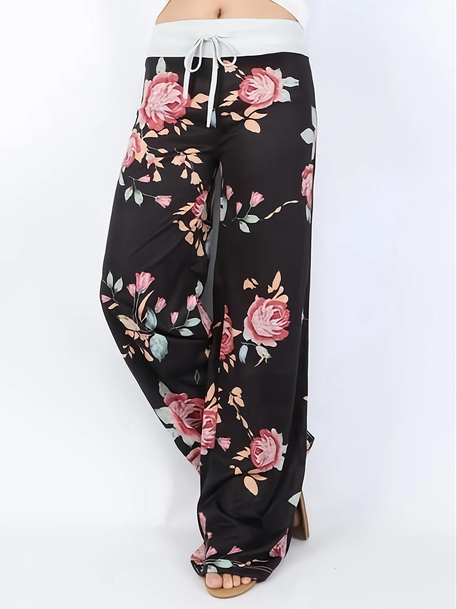 Plus Size Floral Print High Rise Drawstring Long Pants for Women, Offering Slight Stretch and Casual Comfort