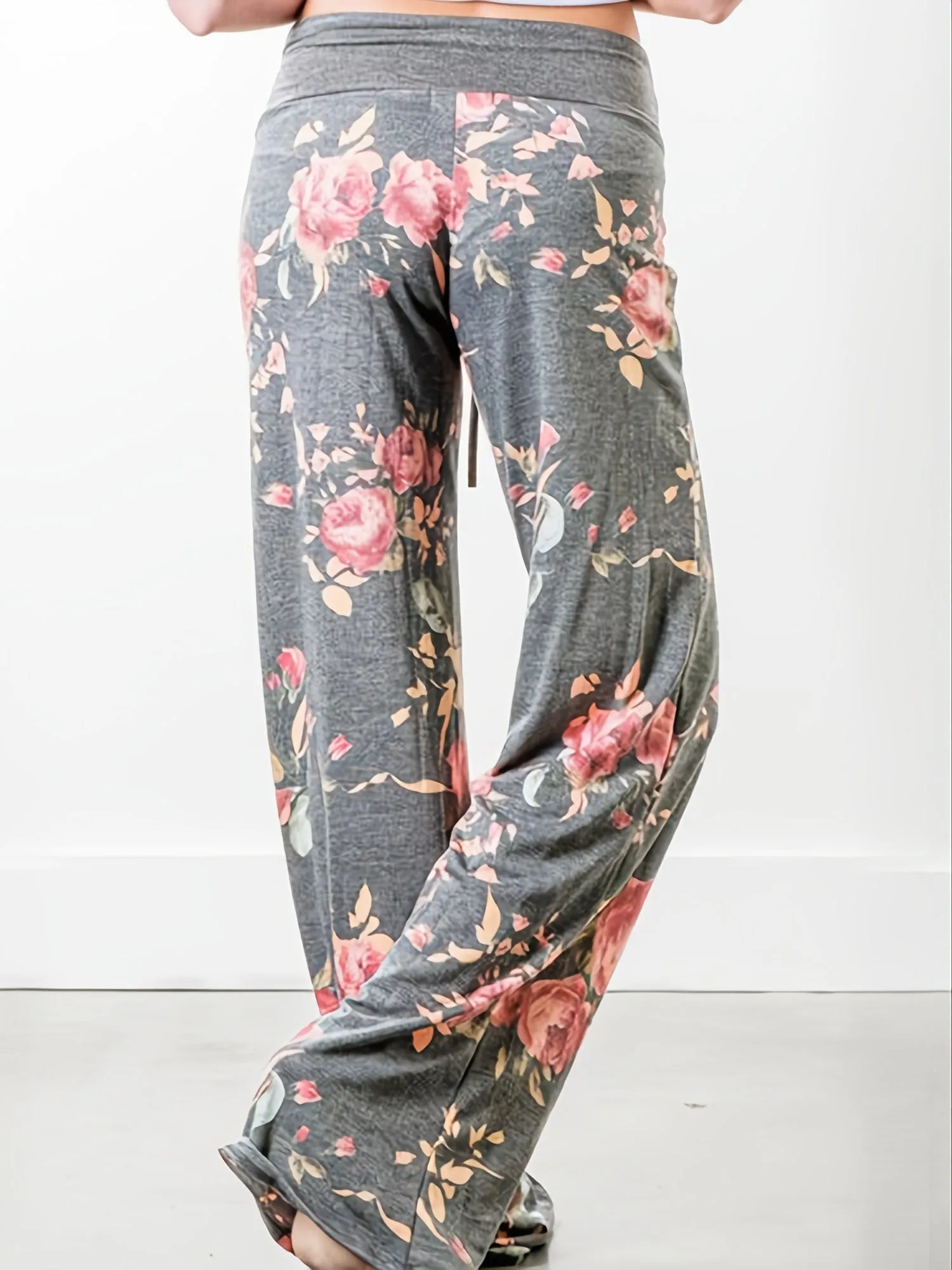 Plus Size Floral Print High Rise Drawstring Long Pants for Women, Offering Slight Stretch and Casual Comfort