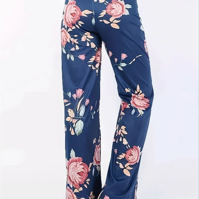 Plus Size Floral Print High Rise Drawstring Long Pants for Women, Offering Slight Stretch and Casual Comfort